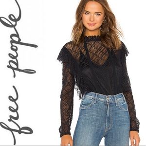 Free People Goldie Ruffled Lace Bodysuit Black XS
